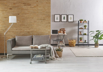 brick wall and concrete wall together at the same living room concept with armchair coffee table