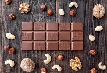 Delicious milk chocolate on wooden background