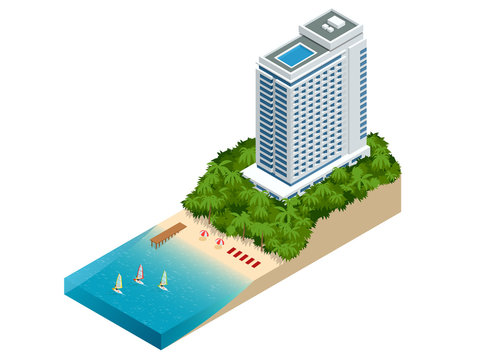 Isometric Luxury Beach Hotel And Sea View Swimming Pool Near Empty Grass Floor Deck In Modern Design. Vacation Hotel For Big Family And Best Beaches. Holiday Villa Exterior.