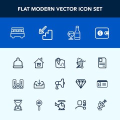 Modern, simple vector icon set with play, travel, architecture, head, business, bbq, identity, announcement, loud, cash, fashion, money, audio, loudspeaker, home, sound, interior, finance, web icons