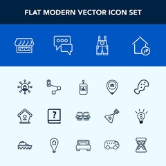 Modern, simple vector icon set with location, birdhouse, food, sport, white, display, fast, home, boxing, navigation, map, increase, graphic, meal, remote, snack, real, glove, television, fight icons