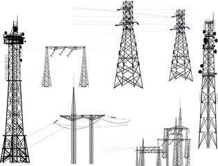 set of electrical towers silhouettes isolated on white