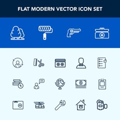 Modern, simple vector icon set with quality, tree, bank, communication, weapon, audio, hairdresser, globe, estate, document, hair, male, refresh, cash, profile, kit, planet, tape, money, global icons