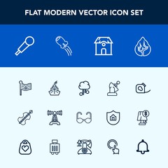 Modern, simple vector icon set with bell, music, space, forest, building, communication, technology, national, notification, mic, rocket, friction, satellite, house, cloud, karaoke, sunglasses,  icons