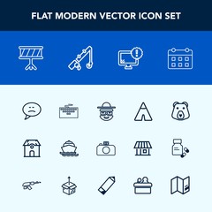 Modern, simple vector icon set with speech, work, calendar, happy, desktop, instrument, adventure, technology, travel, laptop, building, grizzly, tent, musical, estate, schedule, time, cartoon icons