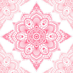 Round red mandala on white isolated background. Vector hipster seamless mandala in red color. Mandala with floral patterns. Yoga template