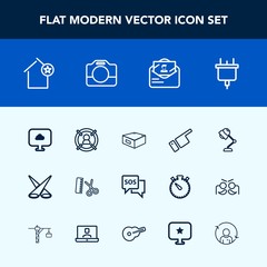 Modern, simple vector icon set with interior, post, background, danger, marketing, plug, sos, camera, apartment, professional, video, drawer, showing, electricity, sign, technology, people, lamp icons