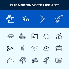 Modern, simple vector icon set with jazz, home, finance, vehicle, office, communication, trumpet, property, file, button, coin, transportation, bag, downstairs, rocket, luggage, tree, bugle, up icons