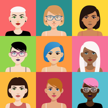 Set of multicultural girl portraits with piercing on colored backgrounds. Diverse women with different type of nose, lips, ear piercing, haircuts and hair color.