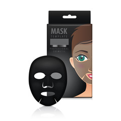 Facial sheet mask with paper box. Vector mock up template. Beauty product package on white background