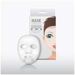 Facial sheet mask with white paper box. Vector mock up template. Beauty product package