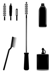 Ramrod, brushes, spray, oil can for cleaning gun. Cleaning tools set vector