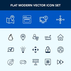 Modern, simple vector icon set with profile, desktop, button, internet, food, technology, estate, travel, kitchen, idea, house, fruit, organic, home, pin, architecture, business, location, pear icons