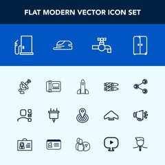 Modern, simple vector icon set with bathroom, stationary, office, faucet, global, bullet, cupboard, communication, petrol, task, share, furniture, weapon, rocket, center, science, gun, sink, tap icons