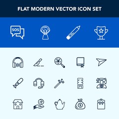 Modern, simple vector icon set with wizard, award, encyclopedia, bomb, magician, doctor, audio, book, sound, support, emergency, technology, music, email, falling, danger, study, library, sos icons