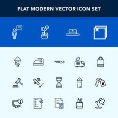 Modern, simple vector icon set with iron, time, file, clock, communication, antenna, wooden, sport, strike, house, bag, courthouse, plane, style, sand, birdhouse, hourglass, legal, hit, hat, cap icons