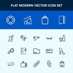 Modern, simple vector icon set with extreme, technology, human, falling, pool, communication, skater, war, book, machine, axe, gift, glass, work, hand, checklist, page, bag, document, board, red icons