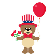 4 july cartoon cute bear in hat with balloon and flower