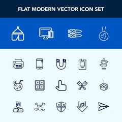 Modern, simple vector icon set with mobile, fashion, nature, cocktail, travel, field, pointer, shopping, camp, magnetic, printer, love, gun, credit, way, glass, military, drink, bank, tent, card icons