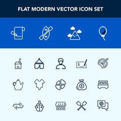 Modern, simple vector icon set with blue, air, kettle, adventure, travel, sign, house, chart, home, building, list, musical, sky, paddle, male, camp, mountain, fashion, business, folk, pay, cute icons