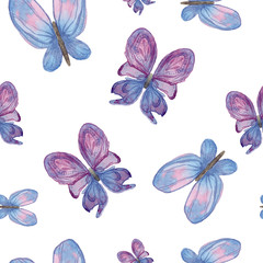 Watercolor illustration. Seamless pattern from stylized purple butterflies on a white background