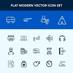 Modern, simple vector icon set with handle, success, man, personal, glasses, van, profile, video, camp, traffic, progress, sound, plane, aircraft, adventure, search, speed, tent, transportation icons