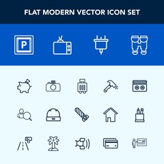 Modern, simple vector icon set with computer, bank, construction, travel, music, hat, shovel, view, power, tape, danger, road, bag, investment, coin, vehicle, airport, electric, money, cap, fire icons