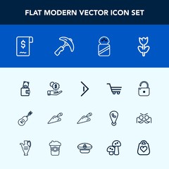 Modern, simple vector icon set with equipment, object, ingredient, crane, salt, dollar, retail, nature, security, style, shovel, business, shop, fashion, music, button, food, investment, blossom icons