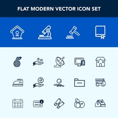 Modern, simple vector icon set with antenna, domestic, book, encyclopedia, bomb, satellite, card, communication, study, investment, technology, danger, dollar, clothes, ironing, justice, sunrise icons