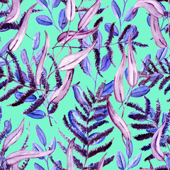 Seamless Realistic Watercolor Greenery Pattern. Hand Drawn Leaves and Branches Print. Summer, Spring Forest Herbs, Plants Texture. Foliage in Vintage Style. Nature Eco Friendly Concept. Textile.