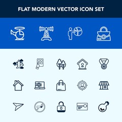 Modern, simple vector icon set with leather, nature, retail, online, award, tree, meeting, object, helicopter, landscape, style, mobile, forest, radio, business, transportation, station, success icons