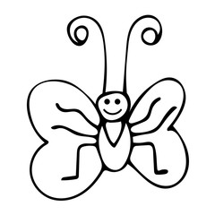 Thin line doodle butterfly, cartoon happy bug isolated on white background. Vector illustration.