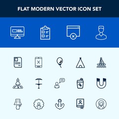 Modern, simple vector icon set with web, air, science, celebration, sign, light, website, personal, outdoor, balloon, subscription, connection, tent, chat, page, person, shuttle, water, business icons