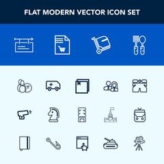 Modern, simple vector icon set with business, drink, container, ball, blank, gun, chessboard, shorts, template, staff, team, restaurant, cold, cooler, bowling, sign, worker, billboard, white icons