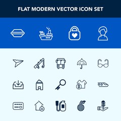 Modern, simple vector icon set with sport, style, road, glasses, email, key, female, rod, person, object, security, ship, profile, bun, fashion, internet, hamburger, fish, protection, rain, web icons