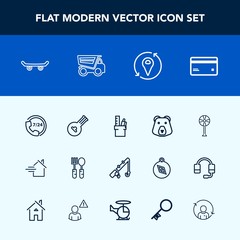 Modern, simple vector icon set with help, property, board, grizzly, money, animal, kitchen, reel, rent, skater, sport, cooler, stationery, fork, restaurant, wild, rod, musical, spoon, house, fan icons