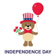 4 july cartoon cute bear in hat with balloon and flower with text