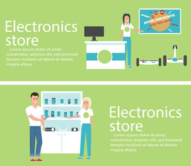Electronics store banners with shopping people