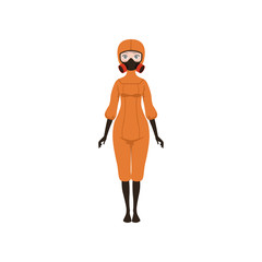 Woman in orange protective costume and gas mask. Worker with hazardous materials in factories or laboratories. Flat vector design