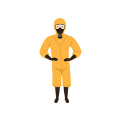 Worker of chemical laboratory wearing orange protective suit, gas mask, gloves and boots. Flat vector design