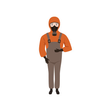Young man wearing red jacket with hood, brown overall, gloves and gas mask. Guy in protective clothes. Flat vector design
