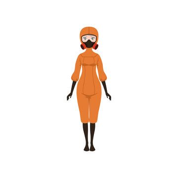 Woman in orange protective costume and gas mask. Worker with hazardous materials in factories or laboratories. Flat vector design
