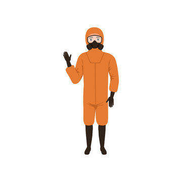 Man in orange protective costume standing and waving hand. Protection against chemical or biological hazard. Flat vector design