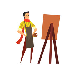 Male artist character in apron drawing on an easel, hobby or profession concept cartoon vector Illustration on a white background