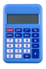 Blue digital calculator on the top view white background.