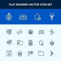 Modern, simple vector icon set with instrument, musical, voice, east, beauty, job, space, employee, red, extreme, office, direction, north, speaker, spaceship, employer, parachute, loudspeaker icons
