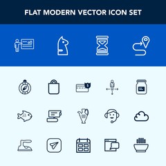 Modern, simple vector icon set with sea, compass, business, camera, view, time, navigation, place, bank, jug, tin, vase, presentation, present, sand, map, travel, businessman, north, cash, food icons