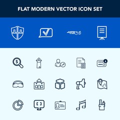 Modern, simple vector icon set with presentation, search, bag, financial, square, sack, tower, castle, businessman, architecture, communication, stationery, banking, internet, glasses, sound icons