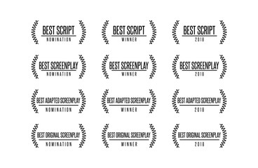 Movie award best original adapted screenplay film script nomination winner vector icon logo set