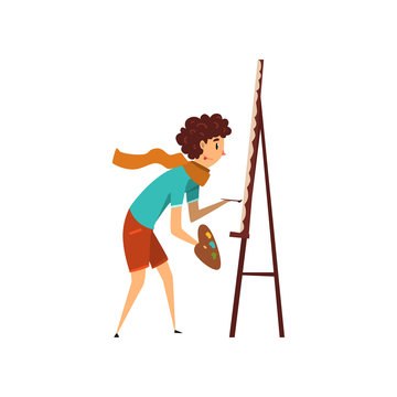 Woman artist character drawing on an easel with paints, hobby or profession concept cartoon vector Illustration on a white background